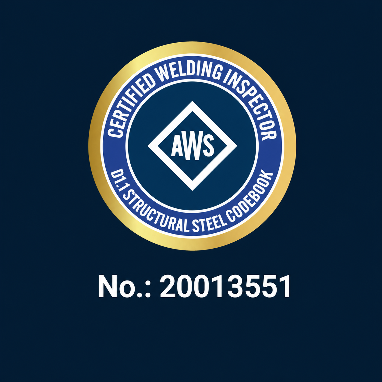 Inspector de Soldadura Certificado AWS con código estructural D1.1, credencial 20013551